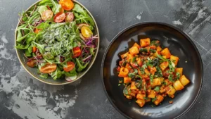 Teller mit Gemüsepasta, Teller mit Salat, von oben