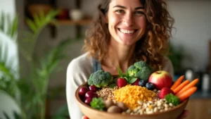 Junge Frau mit Topf mit Gemüse, Obst, Hülsenfrüchte